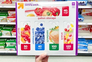 a 355 count storage bags variety pack sitting in a Target cart