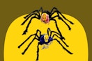 Halloween Spider Decorations: one has a bloody red-haired zombie face and the other has a skull face with purple trim