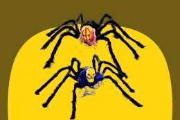Halloween Spider Decorations: one has a bloody red-haired zombie face and the other has a skull face with purple trim