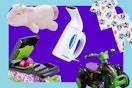 blue and purple collage with products