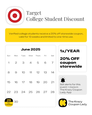 Calendar Graphic with Target college student discount confirmed to start on July 29 2025