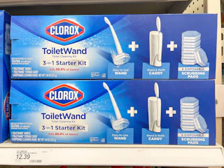 Two Clorox ToiletWand Cleaning kits sitting on a store shelf with a price sticker underneath them.