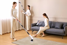 Lifestyle image of a woman using an electric spin brush in 3 different ways to clean her house