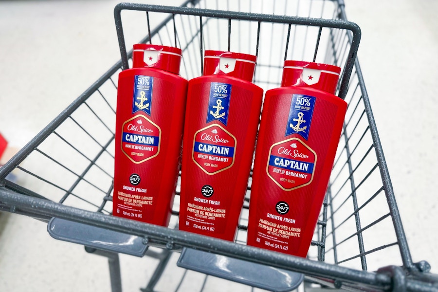 3 old spice body washes in a cart