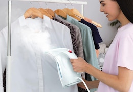 a hand holding a clothing steamer