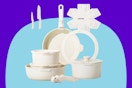 JEETEE Pots and Pans Set Non Stick 17pcs on a blue background.