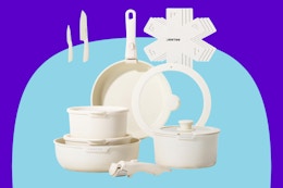 JEETEE Pots and Pans Set Non Stick 17pcs on a blue background.