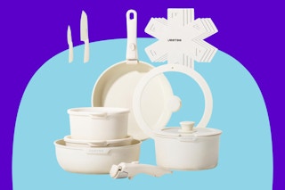 JEETEE Pots and Pans Set Non Stick 17pcs on a blue background.
