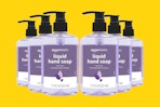 purple hand soap in pump bottles
