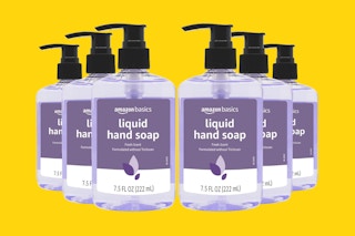 purple hand soap in pump bottles
