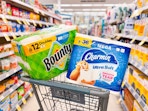 charmin and bounty products in a walgreens cart