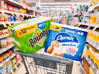 charmin and bounty products in a walgreens cart