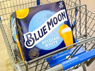12-pack of Blue Moon beer in a Walmart cart