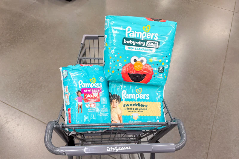 pampers diapers in a walgreens shopping cart sponsored