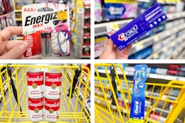 dollar general crest, oral-b, energizer, campbell's 4-photo collage