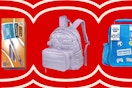bic pens, purple backpack, and blue lunchbag on a red background