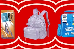 bic pens, purple backpack, and blue lunchbag on a red background