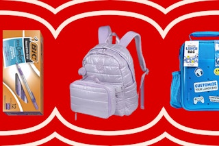 bic pens, purple backpack, and blue lunchbag on a red background