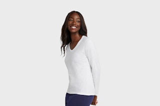 a woman wearing a hanes long sleeve