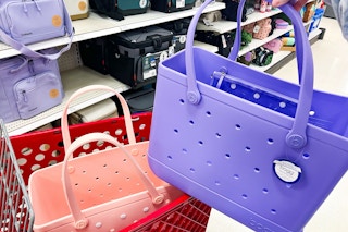 2 bogg bags tote bags on a target cart