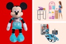 Macy's toys on a read and cream collage background. 