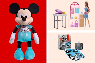 Macy's toys on a read and cream collage background. 