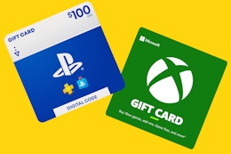 playstation and xbox gift cards on a yellow background
