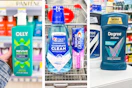 collage image of olly body wash, crest mouthwash, and degree deodorant