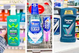 collage image of olly body wash, crest mouthwash, and degree deodorant