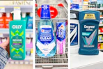 collage image of olly body wash, crest mouthwash, and degree deodorant