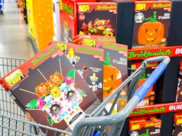 3 Brickcraft Botanicals Sets in Walmart shopping cart in front of center aisle display