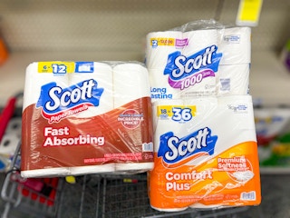 scott toilet paper and paper towels in a cvs cart