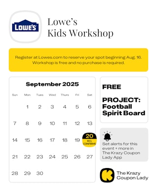 Calendar Graphic with Lowe's Kids Workshop for september 20 2025