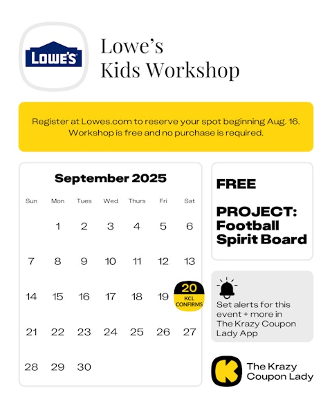 Calendar Graphic with Lowe's Kids Workshop for september 20 2025
