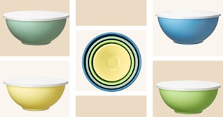 collage of bright martha stewart mixing bowls with lids