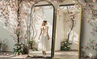 two arched mirrors next to flowers