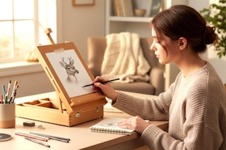 Woman using the AOTEMOON Beechwood Tabletop Easel for Painting on a desk.