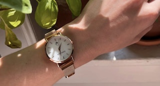 someones arm wearing a rae dunn watch