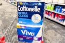 cottonelle toilet paper and viva paper towels in a cart