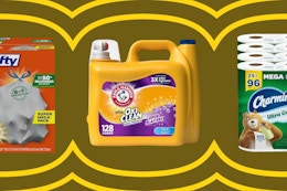 Household supplies: toilet paper, cleaner, and trashbags