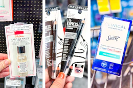 collage image of sally hansen hard as nails, maybelline eyeliner, and secret deodorant