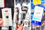 collage image of sally hansen hard as nails, maybelline eyeliner, and secret deodorant