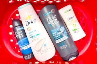 Dove Beauty and Dove Men+ Care (deodorant and body wash) in Target shopping basket