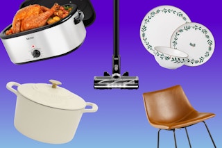 Aroma roaster, Bissell vacuum, Holiday Time dinnerware, Martha Stewart dutch oven, Walker Edison barstool