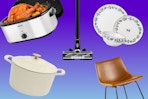 Aroma roaster, Bissell vacuum, Holiday Time dinnerware, Martha Stewart dutch oven, Walker Edison barstool