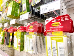 command adhesive strips hanging on a target shelf
