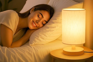 a woman sleeping next to a table lamp