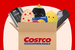 a graphic of a costco wholesale box with costco items coming out 