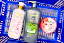 Dove body wash, body scrub and Dove Men+Care body wash in a Walmart basket