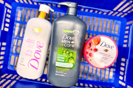 Dove body wash, body scrub and Dove Men+Care body wash in a Walmart basket